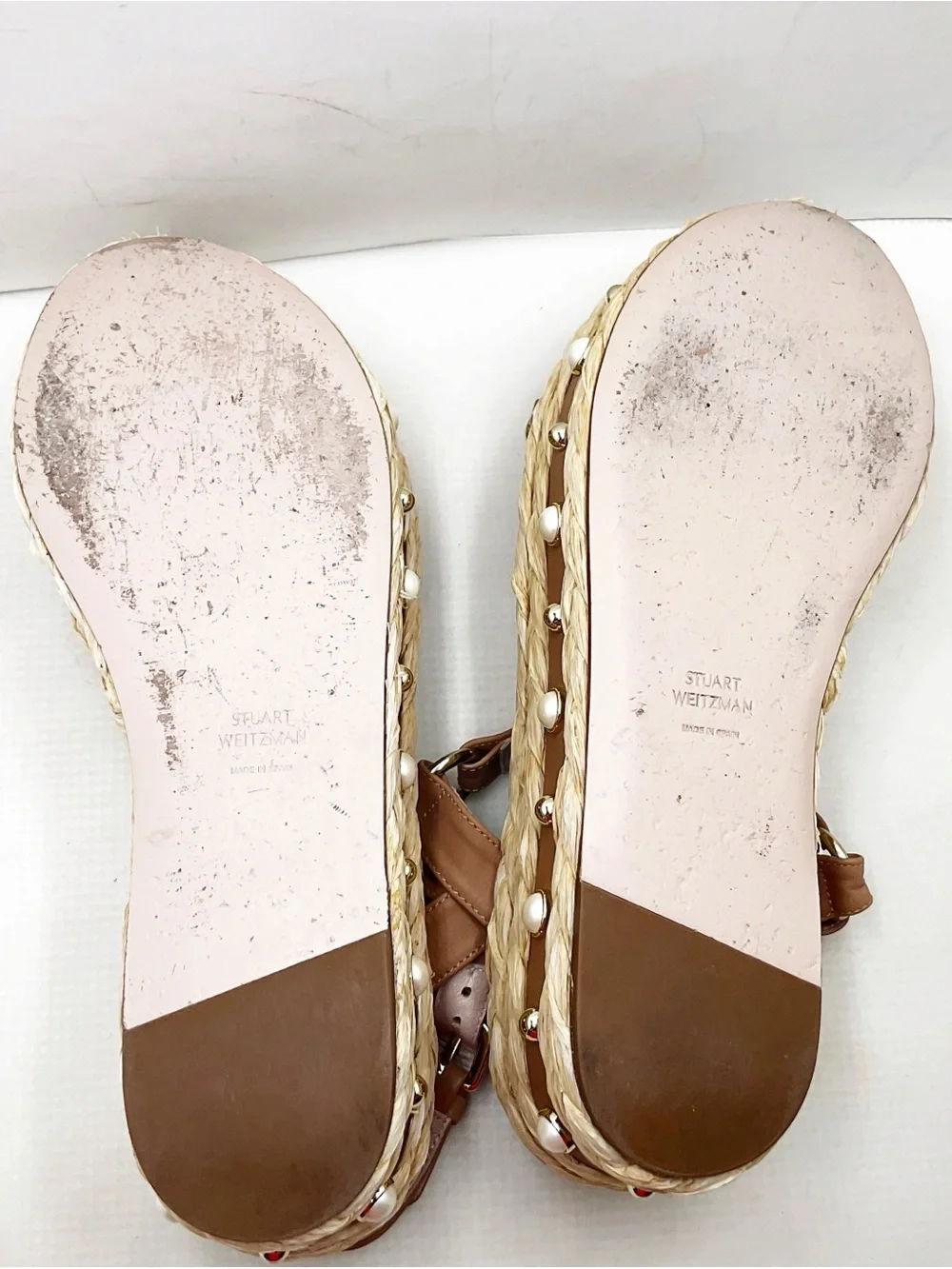 {Stuart Weitzman} Beraffia Pearl Studded Platform Sandals